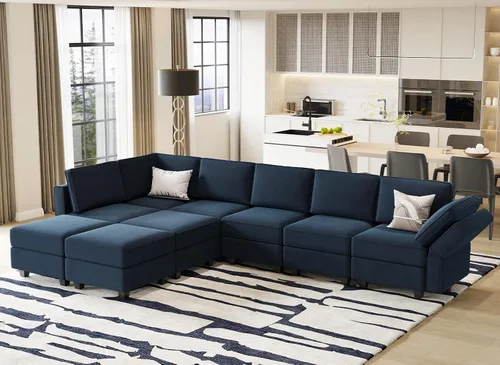 Miniatura 11 de Belffin Sofá modular en forma de U de gran tamaño con tumbonas dobles reversibles de terciopelo con almacenamiento, color negro