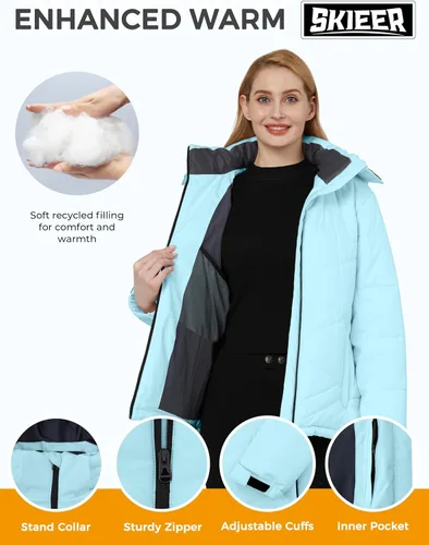 Miniatura 3 de Skieer Chaqueta de esquí impermeable para mujer, abrigo de invierno cálido para nieve, resistente al viento, con capucha
