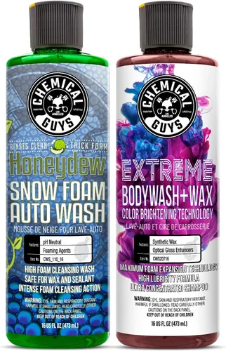 Chemical Guys Honeydew Snow Foam (CWS_110_16) y Extreme Wash & Wax (CWS_207_16) Jabón de lavado de autos Paquete de 16 onzas (2) botellas de 16 onzas