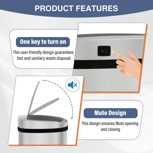 Miniatura 5 de PayLessHere Basurero de 13 galones de acero inoxidable Acero Tapa automática sin contacto con sensor de movimiento Bote de basura de cocina