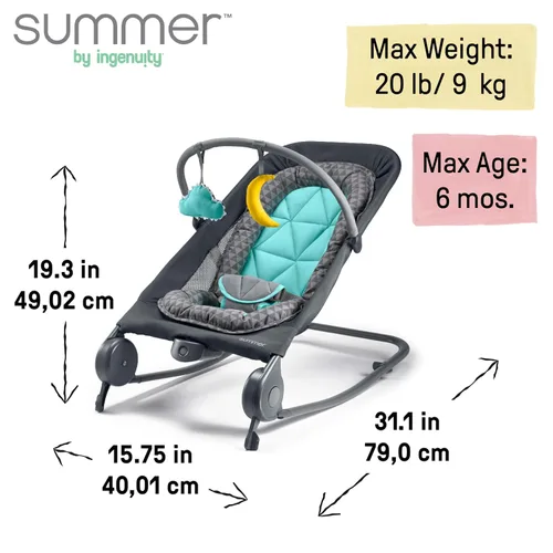 Miniatura 6 de Summer Infant 2-en-1 Mecedora y Silla Balancín Duo (Gris y Azul Agua) Mecedora y Balancín Conveniente y Portátil para Bebés Incluye Juguetes Suaves