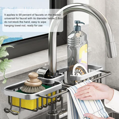 Miniatura 4 de Estante de almacenamiento para grifo, organizador de aluminio, plástico, dos contenedores con barra de toalla para esponja trapo, cocina, baño, plata