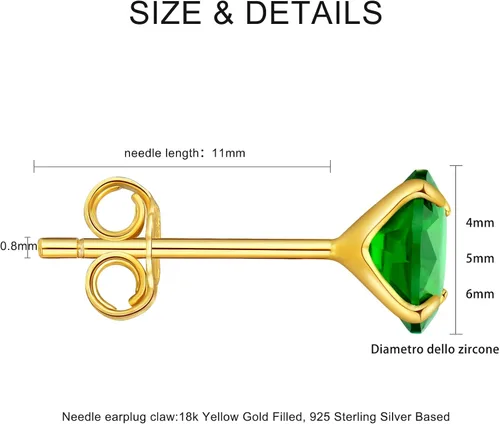 Miniatura 2 de Aretes de esmeralda chapados en oro amarillo o platino, plata de ley y circonita cúbica verde, aretes de tuerca para mujeres y niñas, joyería