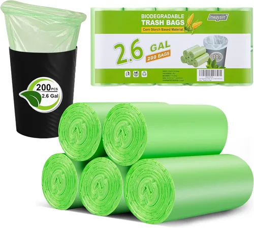 Inwaysin 200 bolsas de basura de baño a base de almidón de plantas de 2.6 galones, fuertes, sin perfume, expandidas, verdes, 10L