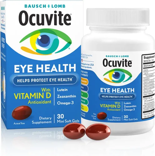 Ocuvite Suplemento de vitaminas y minerales para los ojos, contiene zinc, vitaminas C, E, Omega 3, luteína y zeaxantina, 30 cápsulas blandas