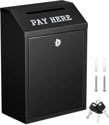 Yaocom Caja fuerte de dinero para recolección de dinero, caja de donación de metal con cerradura para montaje en pared preperforado, buzón de Negro