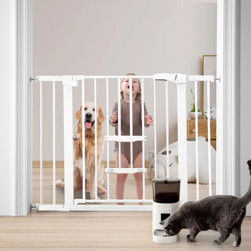 FURTIME Puerta de bebé de 29 a 41 pulgadas con puerta de gato ajustable, puerta de perro de cierre automático para escaleras, puertas y casas, Blanco