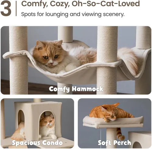 Miniatura 5 de MWPO Árbol grande y moderno para gatos, torre de madera de 70.1 pulgadas para gatos de interior, condominio alto para gatos de varios niveles con 2