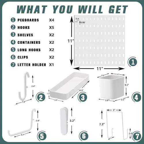 Miniatura 3 de MULSAME Kit combinado de tablero de clavijas, juego de almacenamiento montado en la pared con 4 tableros de clavijas y 14 accesorios para colgar