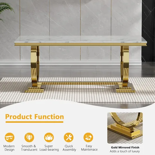 Miniatura 4 de Juego de mesa de comedor de mármol para 4, mesa de cocina rectangular de mármol blanco de 70 pulgadas con base en O de acero inoxidable dorado