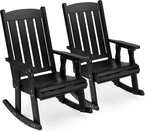 Miniatura 11 de VINGLI Juego de 2 mecedoras para exteriores, mecedora de madera resistente de 600 libras con respaldo cómodo, mecedora resistente a la intemperie