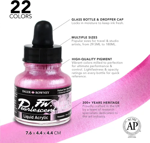 Miniatura 3 de Daler-Rowney FW - Botella de tinta acrílica nacarada, color plata perla, tinta de dibujo acrílica para artistas y estudiantes, tinta de caligrafía
