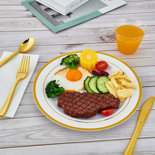 Miniatura 7 de Vplus 100 piezas de platos de plástico dorados de 10 pulgadas desechables, platos de plástico resistentes blancos elegantes y duraderos con borde