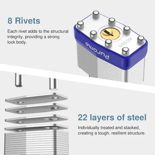 Miniatura 4 de Puroma Lock 1 Pack Candados, Candados de 1-1/2” de grillete largo, candados resistentes con 2 llaves, candados de acero endurecido de 40 mm