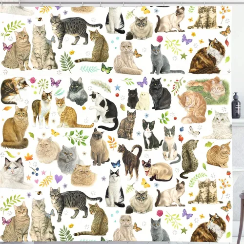 Cortina de ducha de gato para baño con ganchos, lindo gatito colorido de dibujos animados con patas de mascotas para amantes de los gatos, regalo