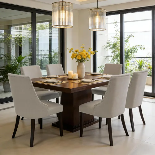 Miniatura 2 de CHITA Sillas de comedor estilo granja con ribete de cabezal de clavo, sillas tapizadas de tela con respaldo alto, juego de 2 sillas de comedor, Lino