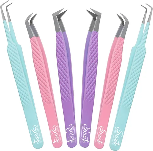 Miniatura 12 de SIVOTE Pinzas de pestañas para extensiones de pestañas, puntas de fibra, juego de 3, volumen, bota de volumen, pinzas de 90 grados, azul, amarillo