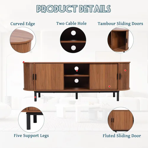 Miniatura 4 de FurSch Soporte de TV con puerta de tambor de 62 pulgadas, mueble de TV moderno de madera de mediados de siglo para TV de hasta 75 pulgadas, soporte