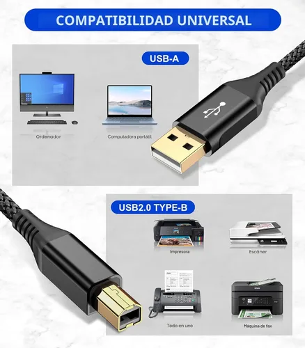 Miniatura 2 de sweguard - Cable de impresora 10 pies, cable USB-A a USB-B, cable de impresora y escáner trenzado de nylon de alta velocidad para HP, Canon, Dell