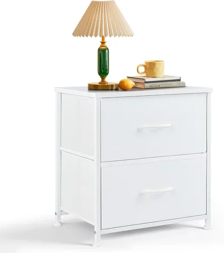 Mesita de noche, pequeña cómoda de 2 cajones mesa auxiliar muebles de cabecera, contenedores de tela con superficie de madera para dormitorio, Blanco