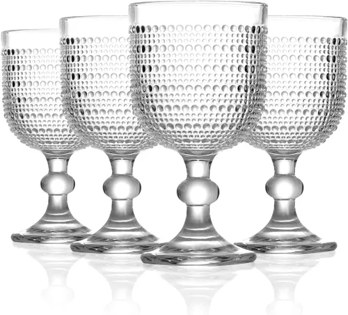 12 onzas Vasos de vino vintage transparentes, juego de 4 vasos de vino con nudos, vasos de vino en relieve para boda, fiesta, cena, bar
