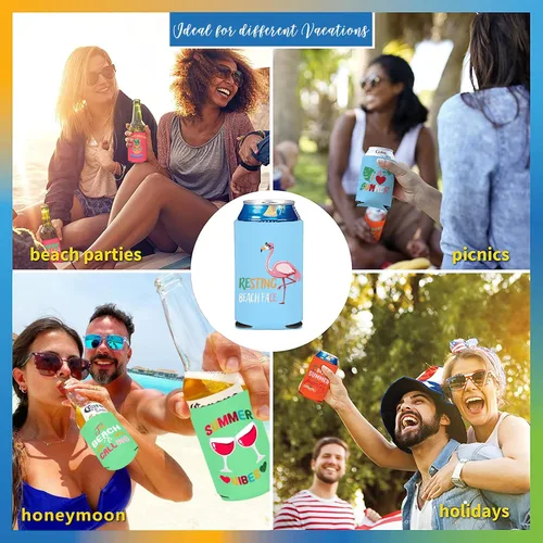Miniatura 6 de Enfriador de latas con temática de playa, paquete de 12 fundas divertidas para latas de verano para decoración de fiesta en la playa, neopreno