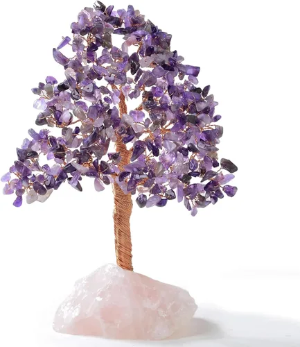 KALIFANO Amatista natural prémium (414 piedras preciosas) Árbol de cristal de chakra con base de cuarzo rosa con propiedades curativas, árbol de