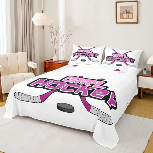 Miniatura 16 de Juego de sábanas de hockey sobre hielo, sábanas de discos de jugador de hockey para adolescentes y niñas, juego de ropa de cama de hockey para comer