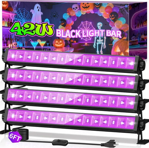THECHAM Paquete de 4 barras de luz LED negra de 42 W, luz negra con cable de 6 pies+enchufe+interruptor, luz de área de 24 x 24 pies x 4, para