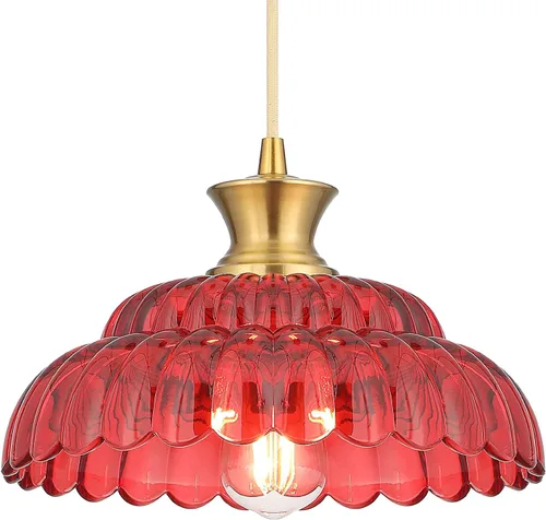 Lámpara colgante de cristal rojo, 11.8 pulgadas, iluminación colgante vintage de vidrio dorado cepillado, lámpara de techo colgante moderna para