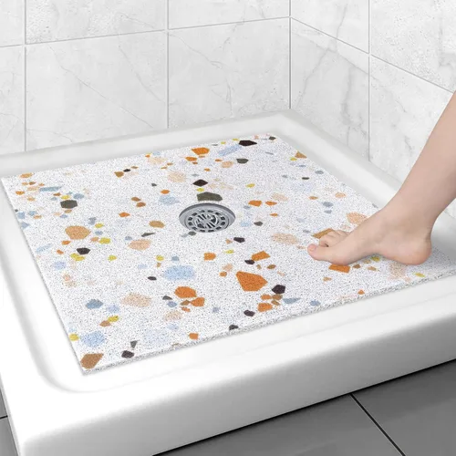 Miniatura 11 de Alfombrilla de ducha cuadrada antideslizante: 24 x 24 pulgadas para ducha interior con orificio de drenaje en el medio, tapete de ducha de masaje