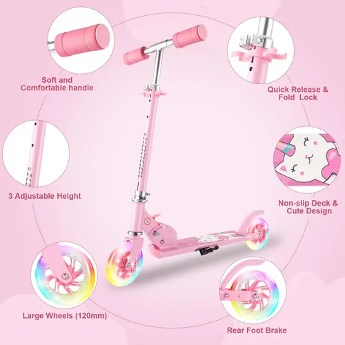 Miniatura 4 de Patinete para niños de 3 a 12 años – Patinete para niños con ruedas de luz LED y manubrio ajustable de 3 niveles, ligero y plegable de 2 ruedas