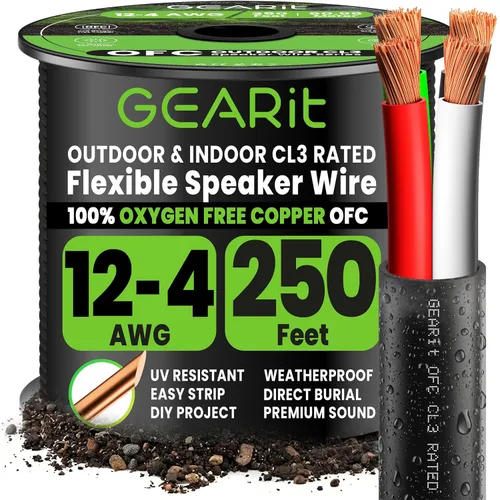 GEARit Cable de altavoz para exteriores con clasificación CL3, cable de altavoz de calibre 12, cable de altavoz de 250 pies para altavoces al aire