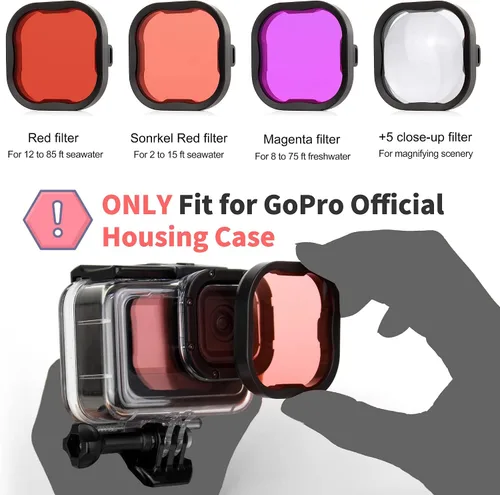 Miniatura 2 de Paquete de 4 filtros de buceo para carcasa protectora GoPro Hero13, apto para Hero 13, 12, 11, 10, 9, 8, carcasa oficial negra, filtros subacuáticos