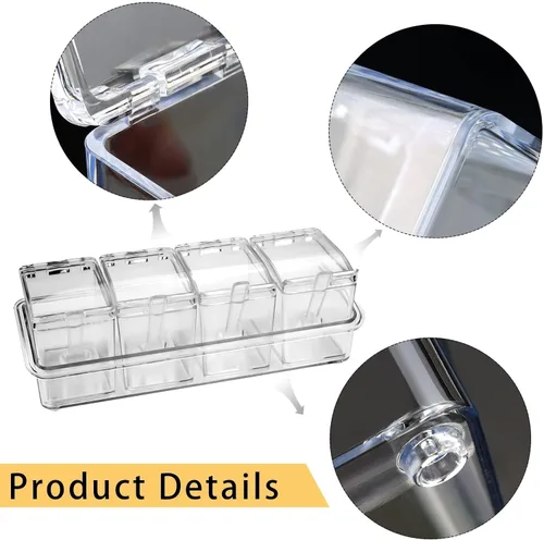 Miniatura 5 de Caja de condimentos transparente, 4 piezas de recipientes para especias con tapa y cuchara, recipientes de acrílico para condimentos con tapa