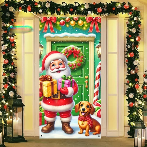 Miniatura 18 de BlissYard Cubierta de puerta de Feliz Navidad de 71 x 35 pulgadas, pancartas para puerta de porche delantero, decoración de invierno, Papá Noel