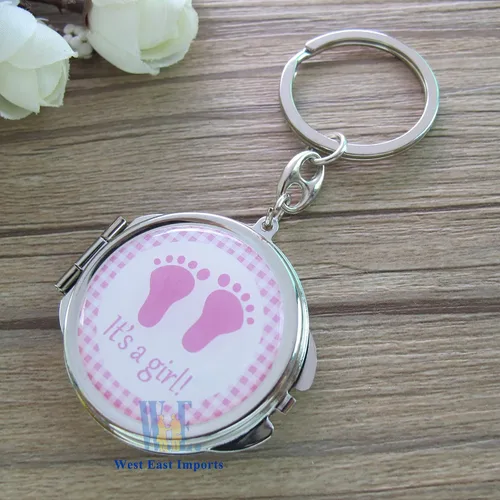 Miniatura 4 de 12 llaveros de espejo compacto para baby shower, con bolsa de organza, diseño de huella rosa
