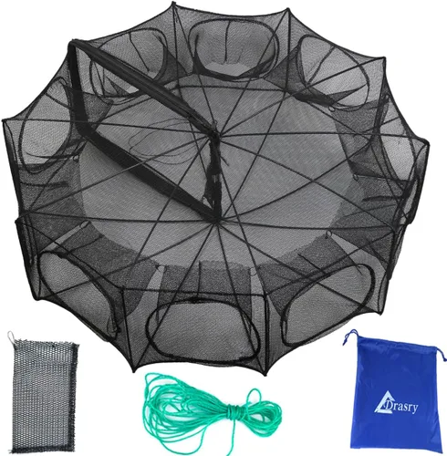 Miniatura 9 de Drasry Red de Pesca Negra con Carnada Plegable, Red de Pesca para Pececillos, Cangrejos, Langostinos y Camarones, Jaula de Red con 4 y 6 Agujeros