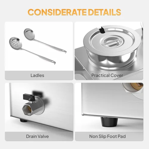 Miniatura 6 de ROVSUN Calentador de sopa eléctrico, mesa de vapor comercial de 15 cuartos de galón, encimera Bain Marie con ollas dobles de 7.4 cuartos de galón