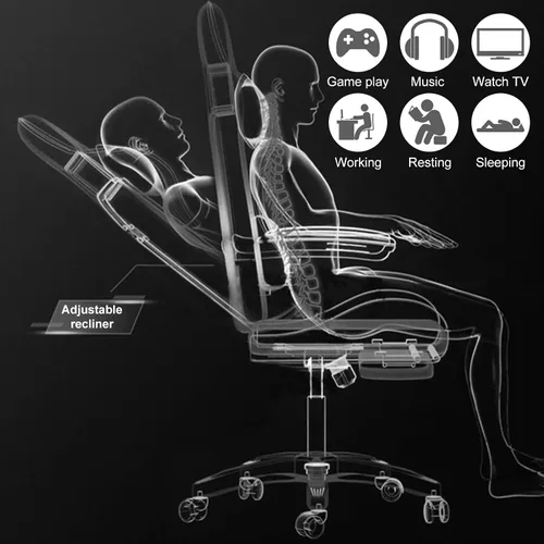 Miniatura 7 de Silla de juegos con altavoces Bluetooth y luces LED, silla ergonómica de piel sintética con reposapiés retráctil, silla giratoria de 360° con Rojo