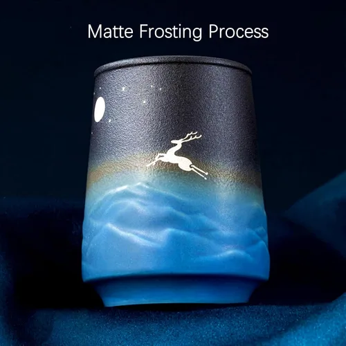 Miniatura 7 de Pottery Couple - Juego de 2 tazas de café – Esmalte mate azul degradado con diseño de grúa y ciervo, tazas de café hechas a mano para decoración