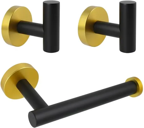 Juego de accesorios de baño de 3 piezas, color negro y dorado, para montar en la pared, incluye soporte para papel higiénico, 2 ganchos para toallas
