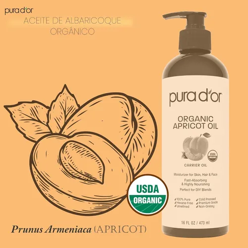 Miniatura 3 de PURA D'OR Aceite orgánico de almendra de albaricoque de 16 onzas, 100% puro y natural, certificado por la USDA, aceite portador prensado en frío