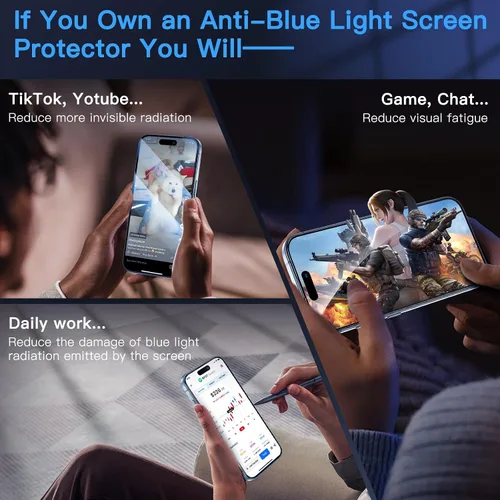 Miniatura 3 de Uyiton Protector de pantalla anti-luz azul para iPhone 15, protector de pantalla de vidrio irrompible de cobertura completa, resistente a