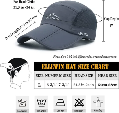 Miniatura 43 de ELLEWIN Gorra de béisbol unisex UPF 50 sin estructura, con pico grande y plegable
