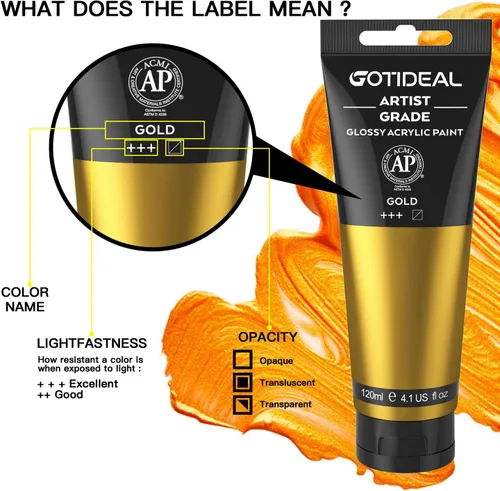 Miniatura 2 de GOTIDEAL - Pintura acrílica metálica Oro 24K, tubos de 4.1 oz (120 ml), no tóxica, no se decolora, ricos pigmentos para artistas, pintores