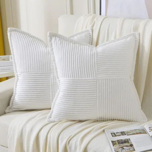 Miniatura 35 de HAUSSY Paquete de 2 fundas de almohada de 22 x 22 pulgadas, fundas decorativas de pana suave, estilo bohemio a rayas sólidas, fundas de cojín