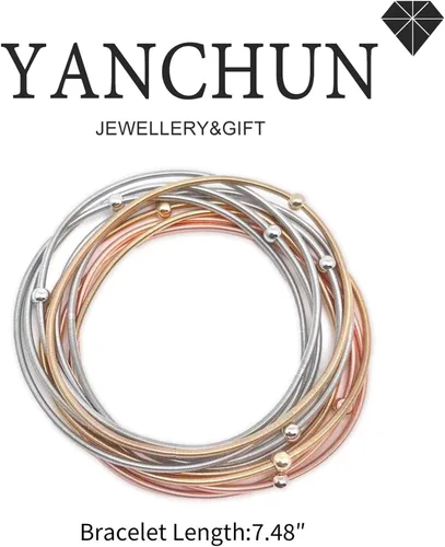 Miniatura 7 de YANCHUN 10 pulseras de cuerda de guitarra para mujer, pulseras de hilo en capas, pulseras elásticas plateadas, pulseras de oro, joyería