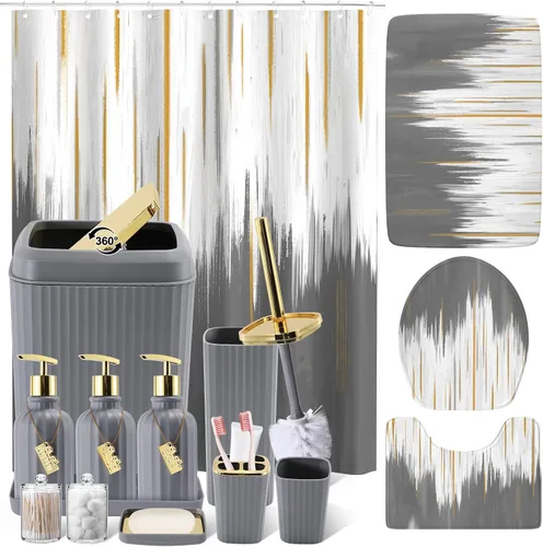 Miniatura 59 de 21PCS Bathroom Sets with Shower Curtain and Rugs Bathroom Accessories Set Beige Bathroom Set Complete with Trash Can, Toilet Brush, Qtip Holder &