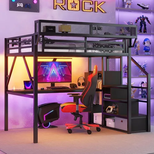 Miniatura 9 de KEIKI Estructura de Cama Loft de Metal Tamaño Twin con Escalera Convertible, Estantes de Almacenamiento Integrados y Armario, Cama Loft con Listones